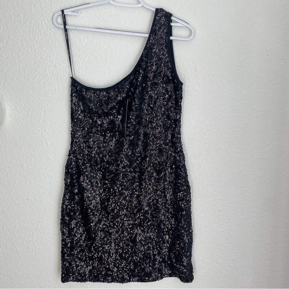 NWT one shoulder black shimmer sequin mini dress lined, size S / M